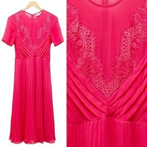 ASOS Lace And Pleat Skater Midi Dress Hot Pink Romantic Chiffon Women’s Size 4